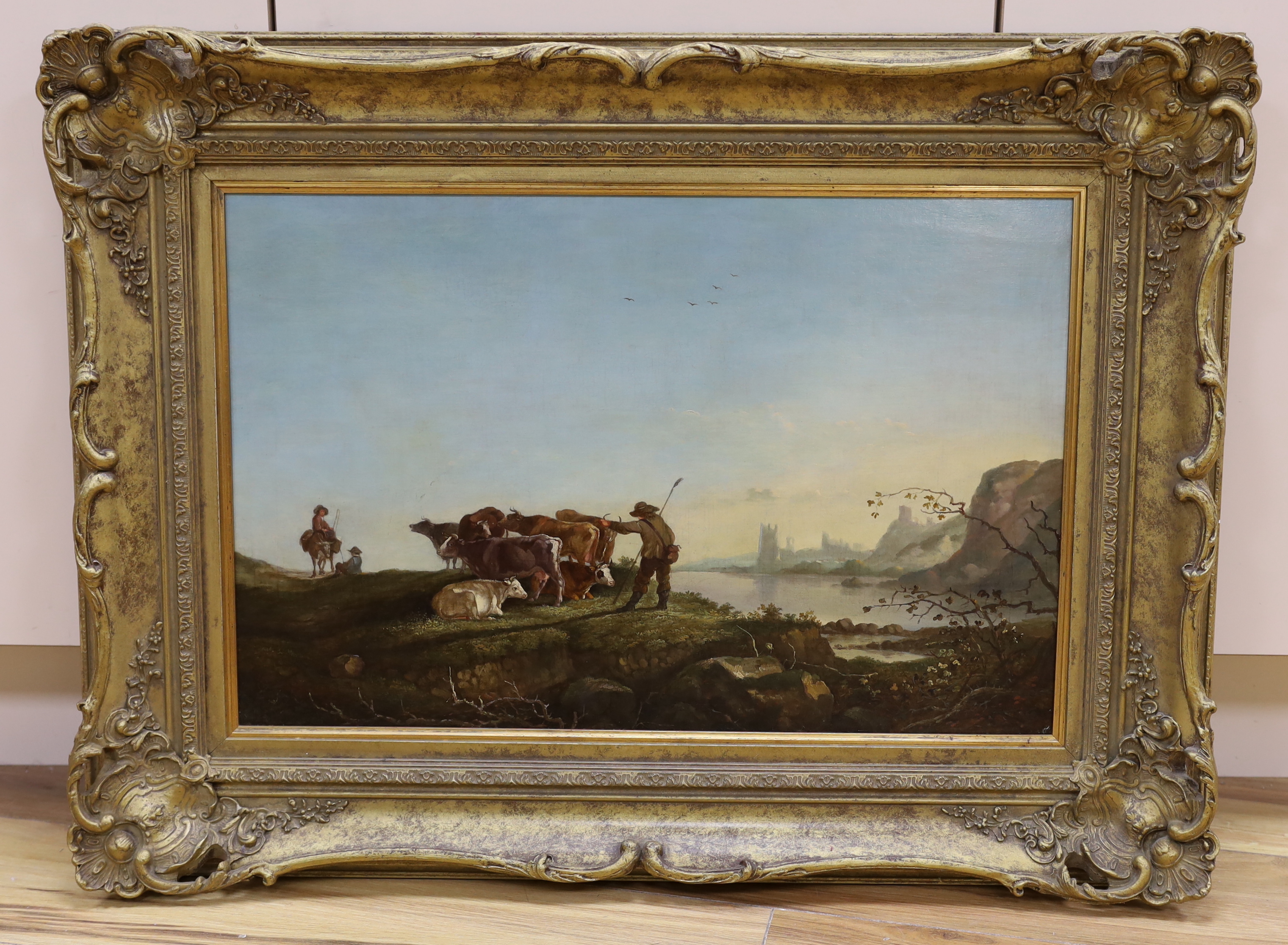 19th century French School, oil on canvas, Pastoral landscape with cattle before a river, 59 x 39cm, ornate gilt framed